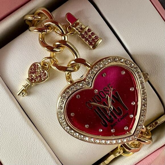 NIB JUICY COUTURE Gold Pink Rhinestone Heart Watch Charm Bracelet Crest Key GIFT - Picture 8 of 16